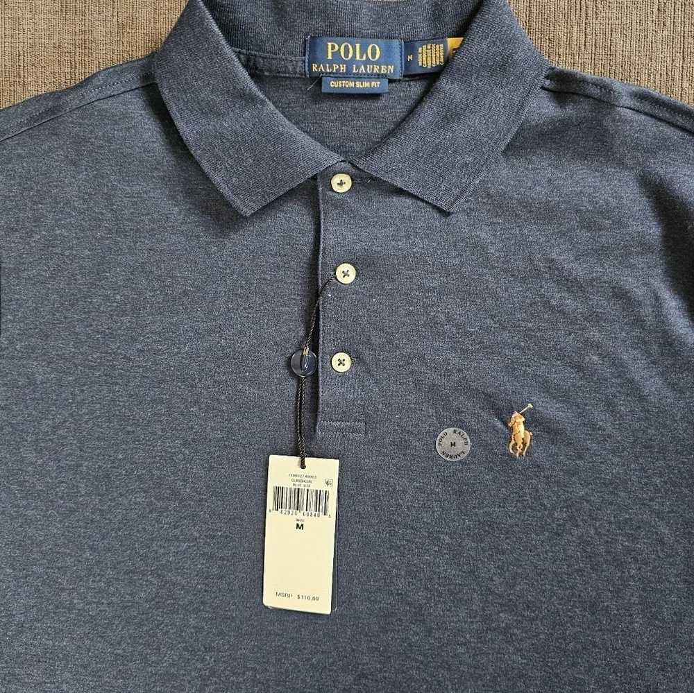 Polo Ralph Lauren Custom Slim-fit cotton piqué Heather Blue Men polo shirt Sz M